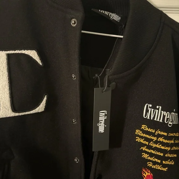 Black Varsity Jacket with White Lightning and Embroidery - Picture 3 of 7